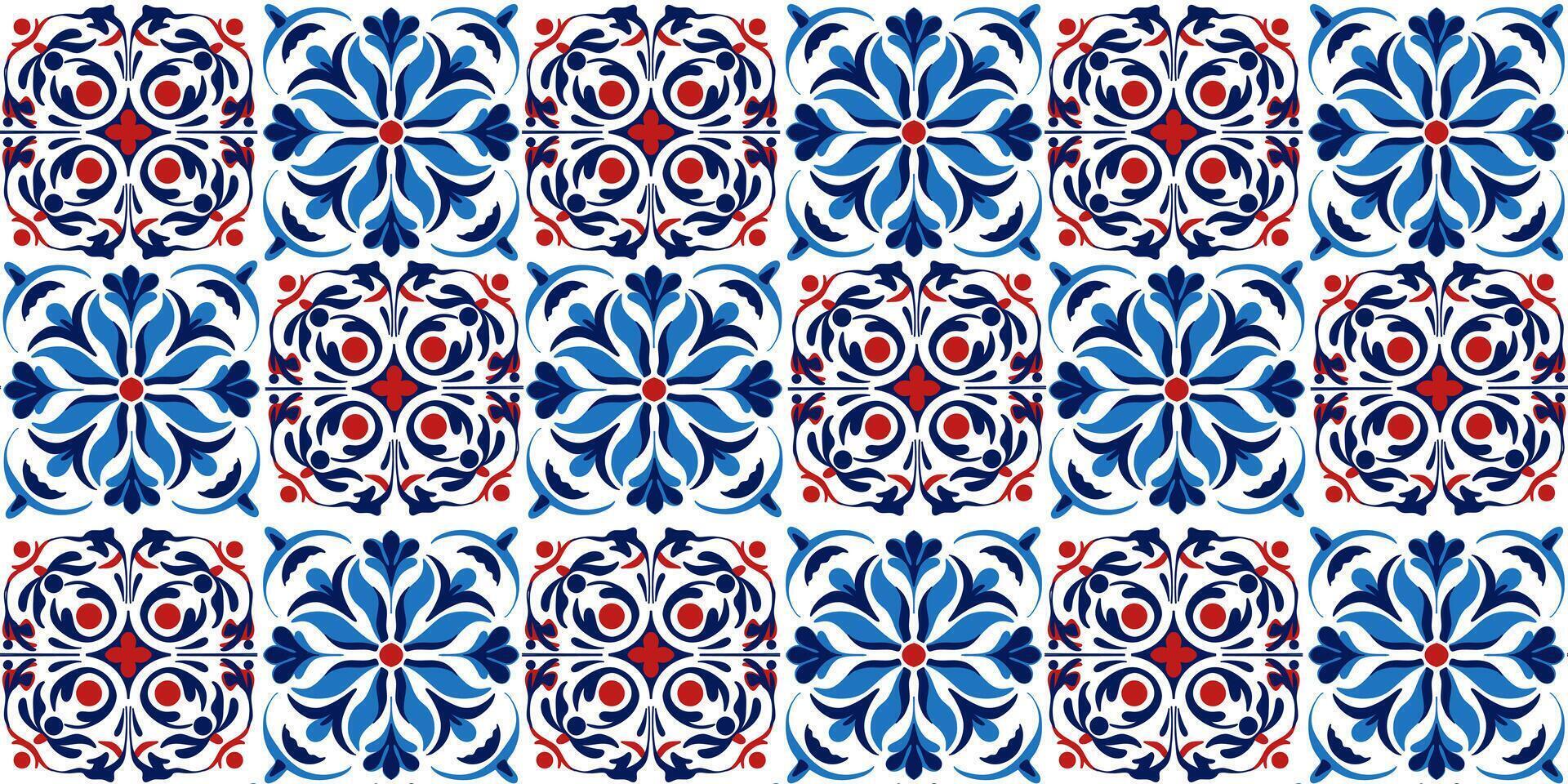 Seamless pattern of Portugal azulejos ceramic tile texture in red - blue tones, arabic style ornament vector