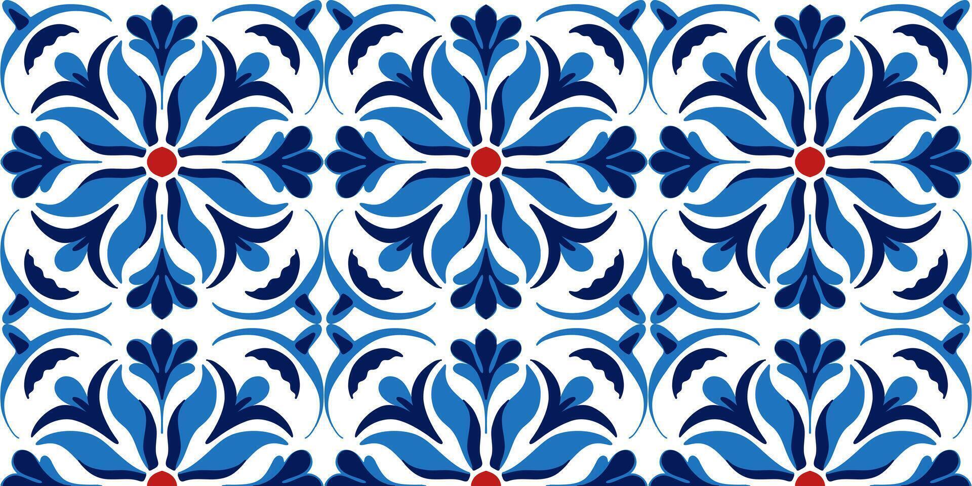 Seamless pattern of Portugues Lisbon azulejo texture ornament in red - blue tones vector