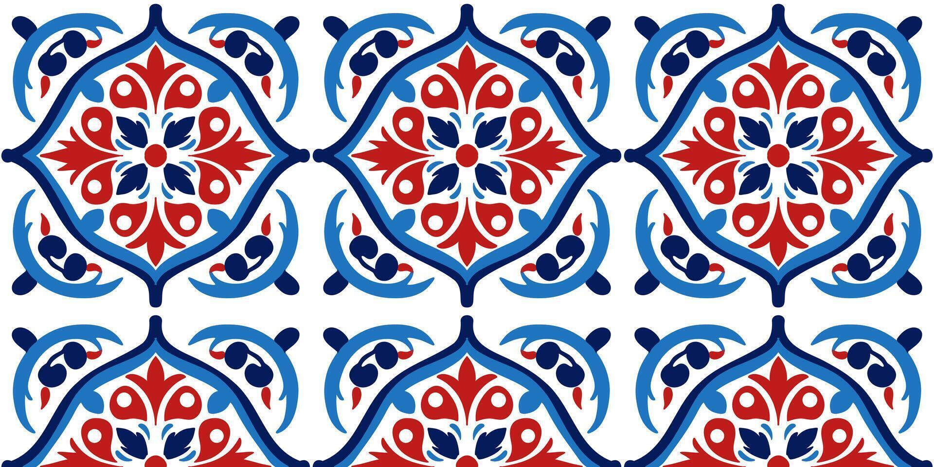 Seamless pattern of mauritanian azulejo texture ornament in red - blue tones vector