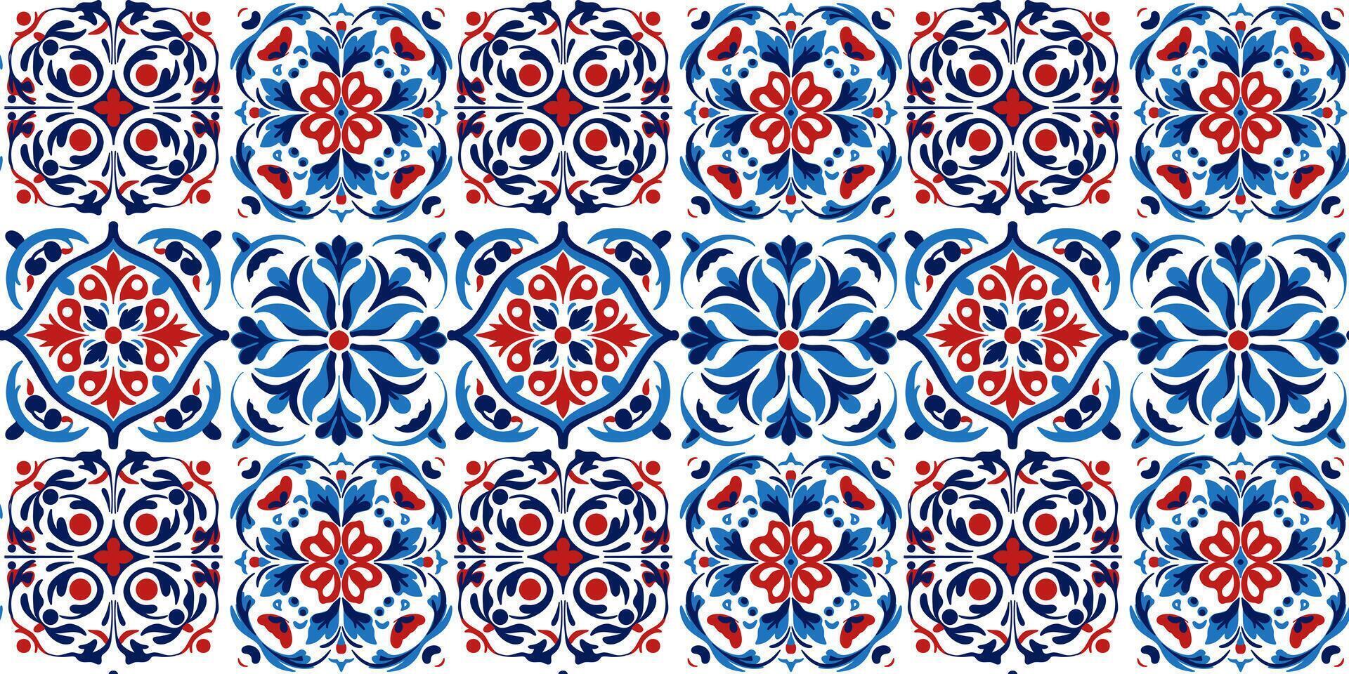 Seamless pattern of dfferent texture ornament stylized in oriental Turkish style, red - blue tones vector
