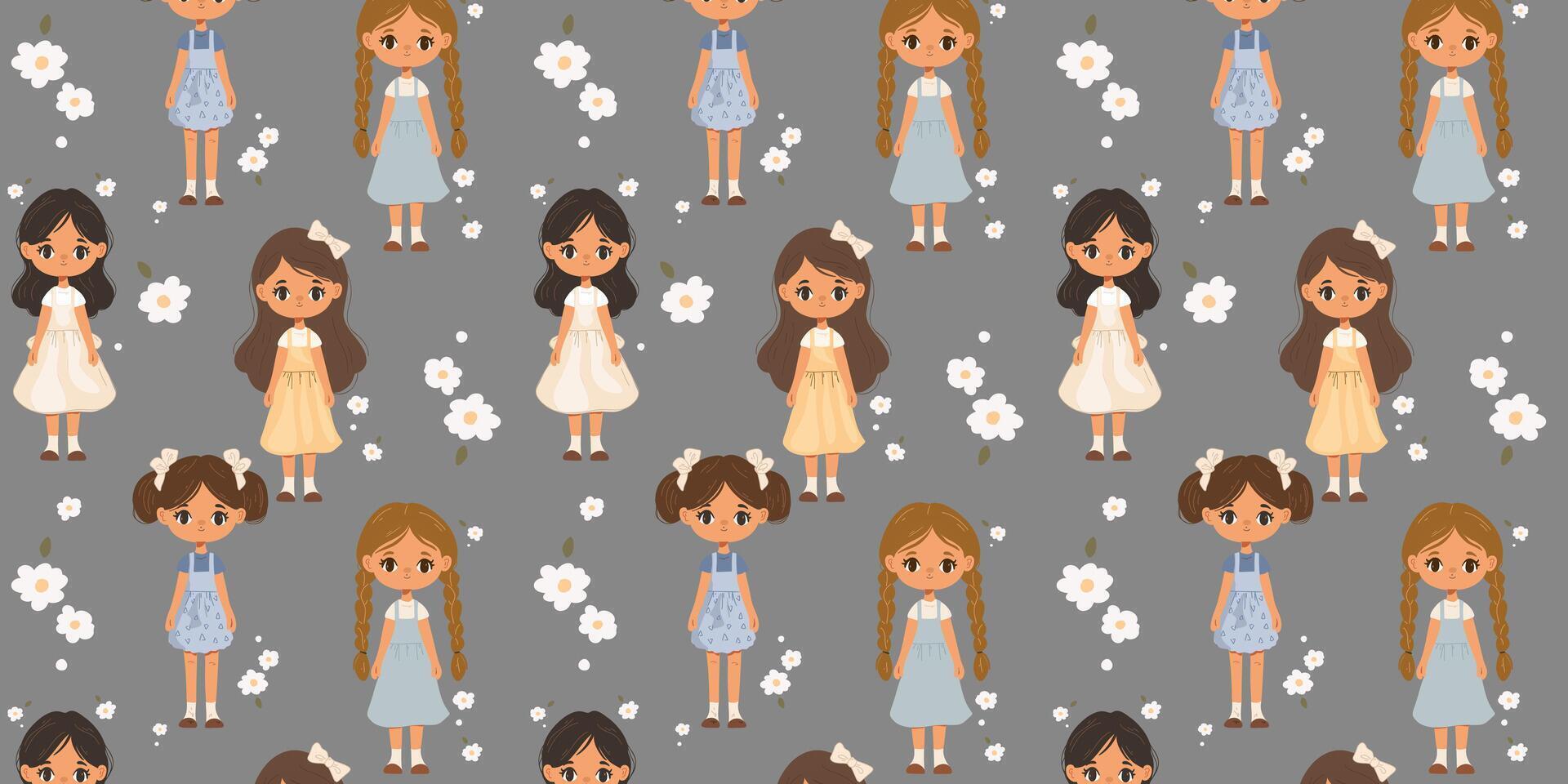 Seamless pattern of cartoon character girls and white flowers on gray background vector