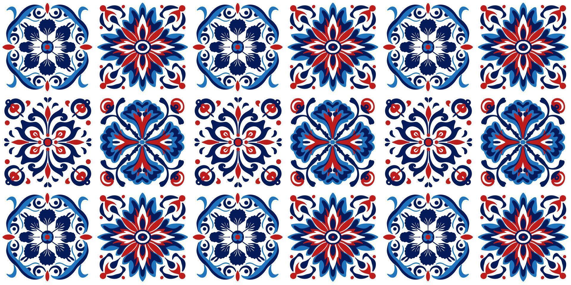 The set of the texture tile patterns, for mauritanian portugal - spanish square ceramic azulejos. Oriental arabic turkish iznic vector
