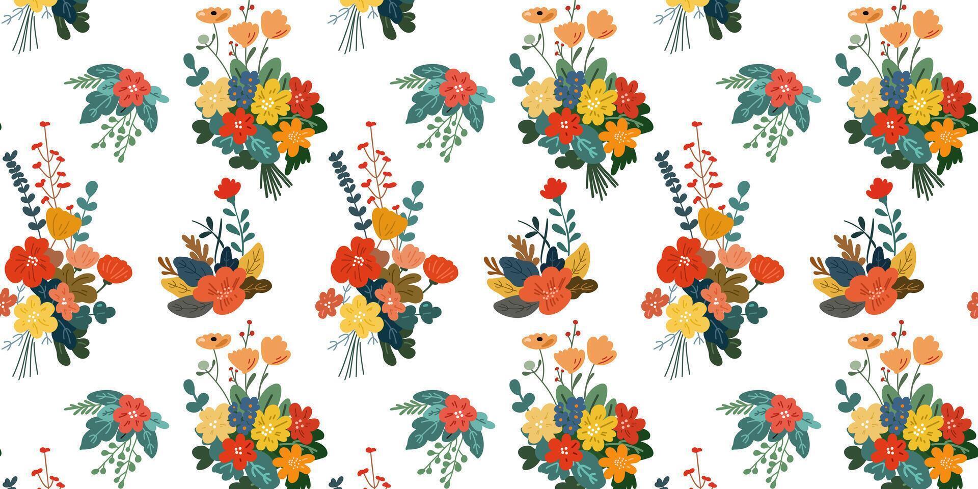 Seamless pattern of flowers bouqete in autumn tones vector