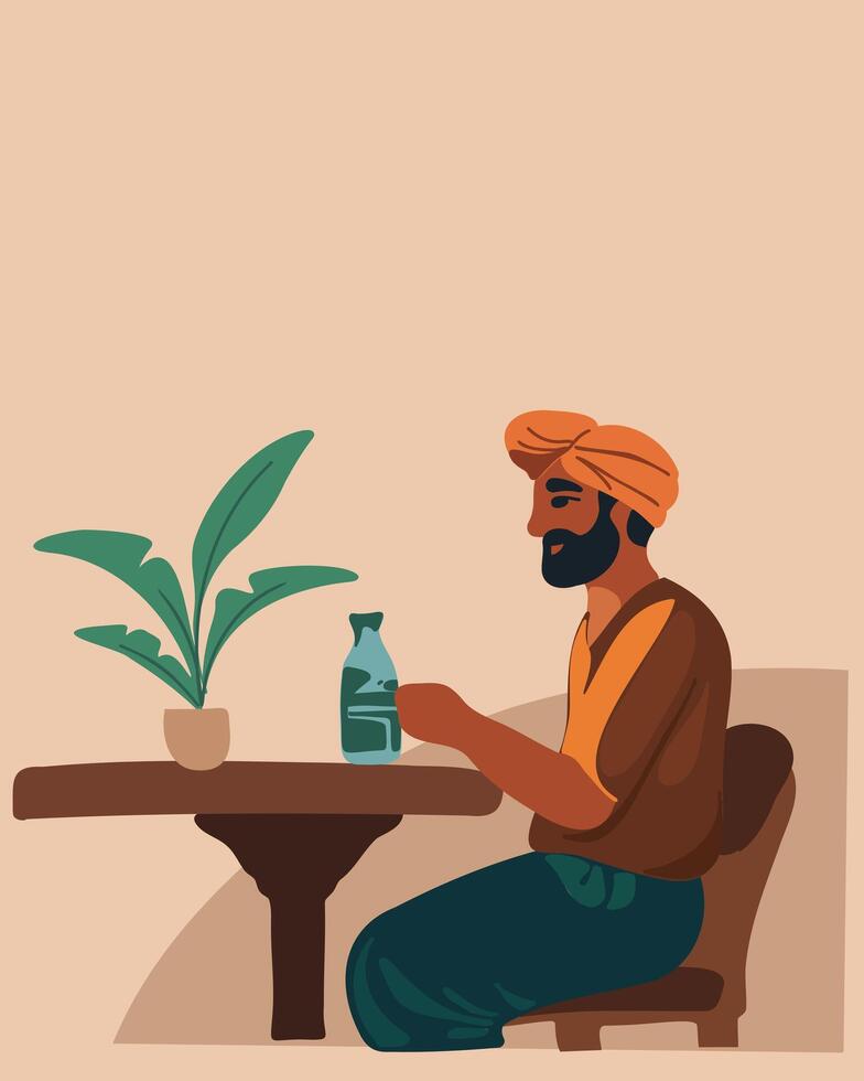 Indian man drinks at the table with a bottle of water vector