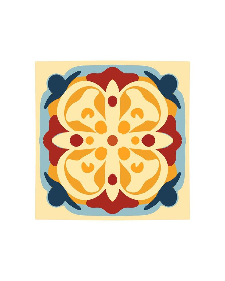 Multicolored square hand drawn ceramic traditional azulejo tile. vector