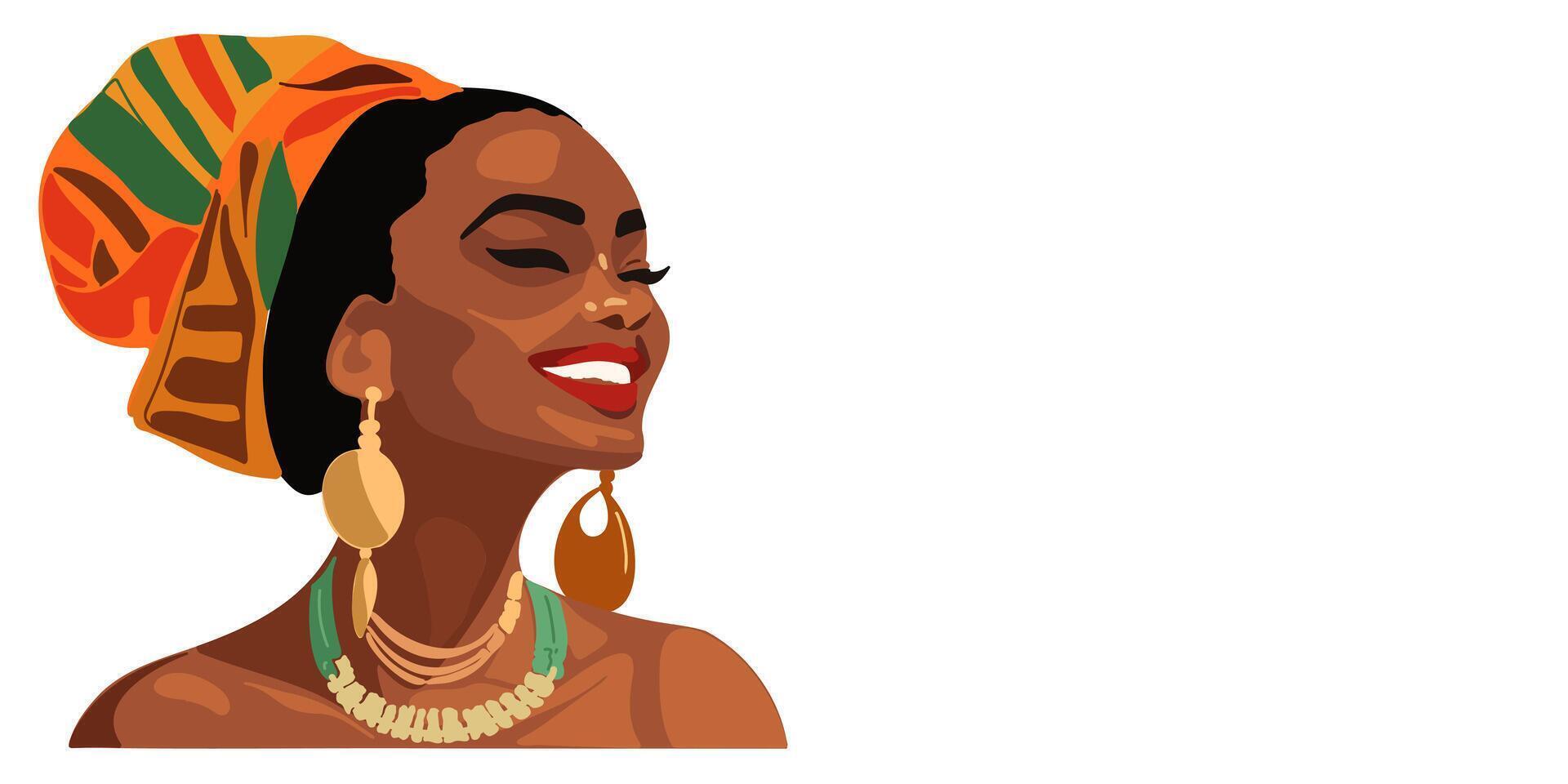 Beauty background or banner side view portrait of beautiful happy fashionable African American woman on white background, copy space vector