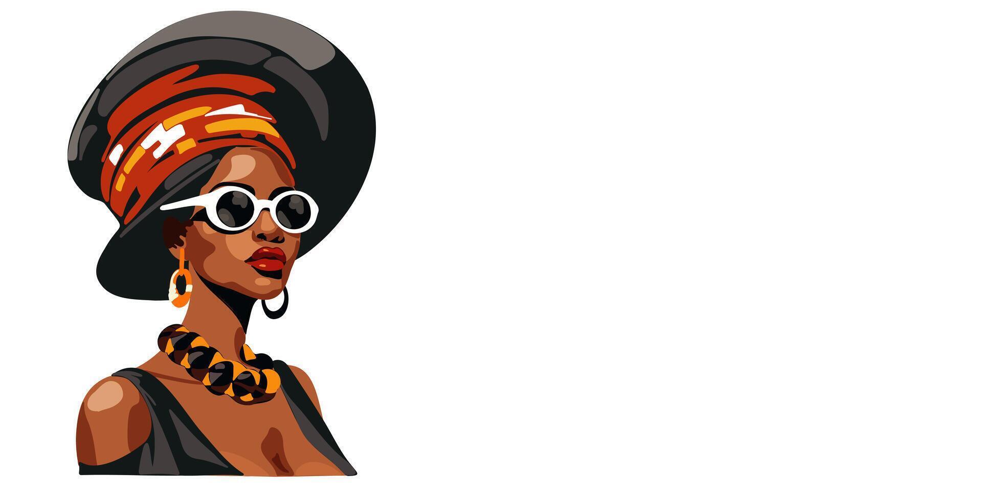 Background or banner side view portrait of fashionable African American woman on white background, copy space vector