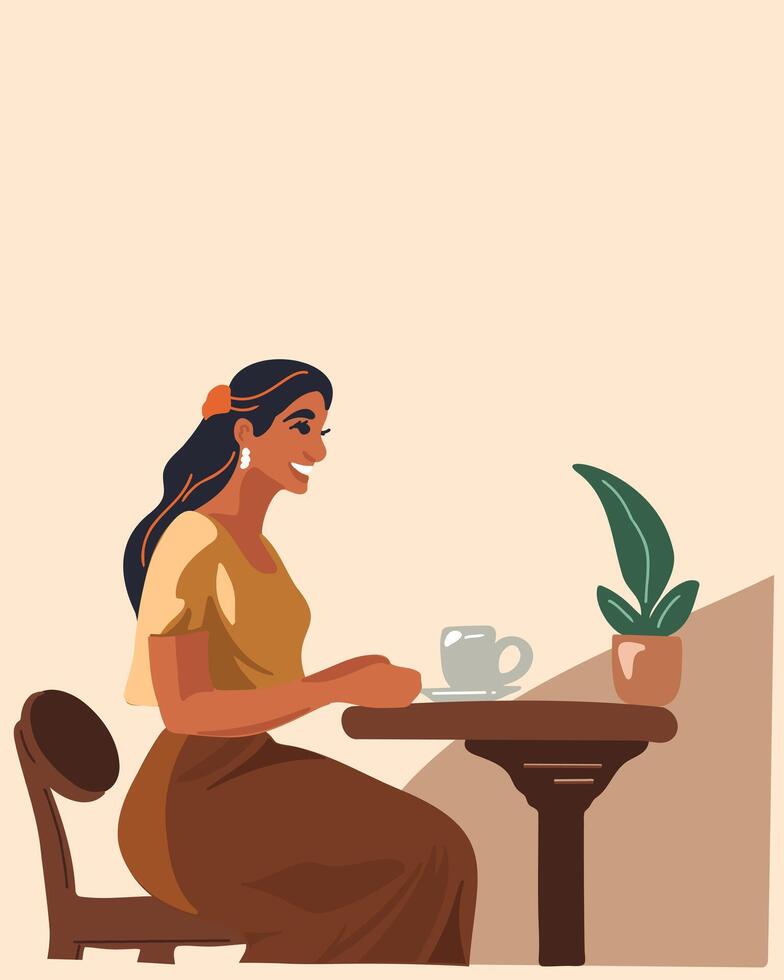 Indian woman drinking coffee at the table vector