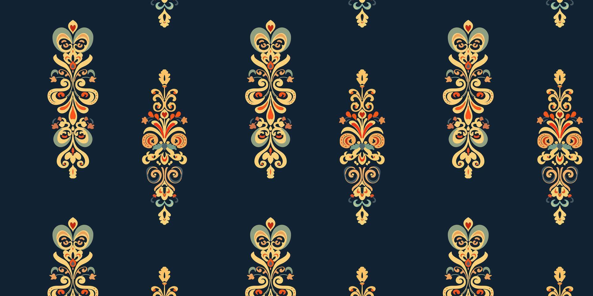 Damask organic seamless pattern. print on blue background in retro style. Golden decorative floral texture vector