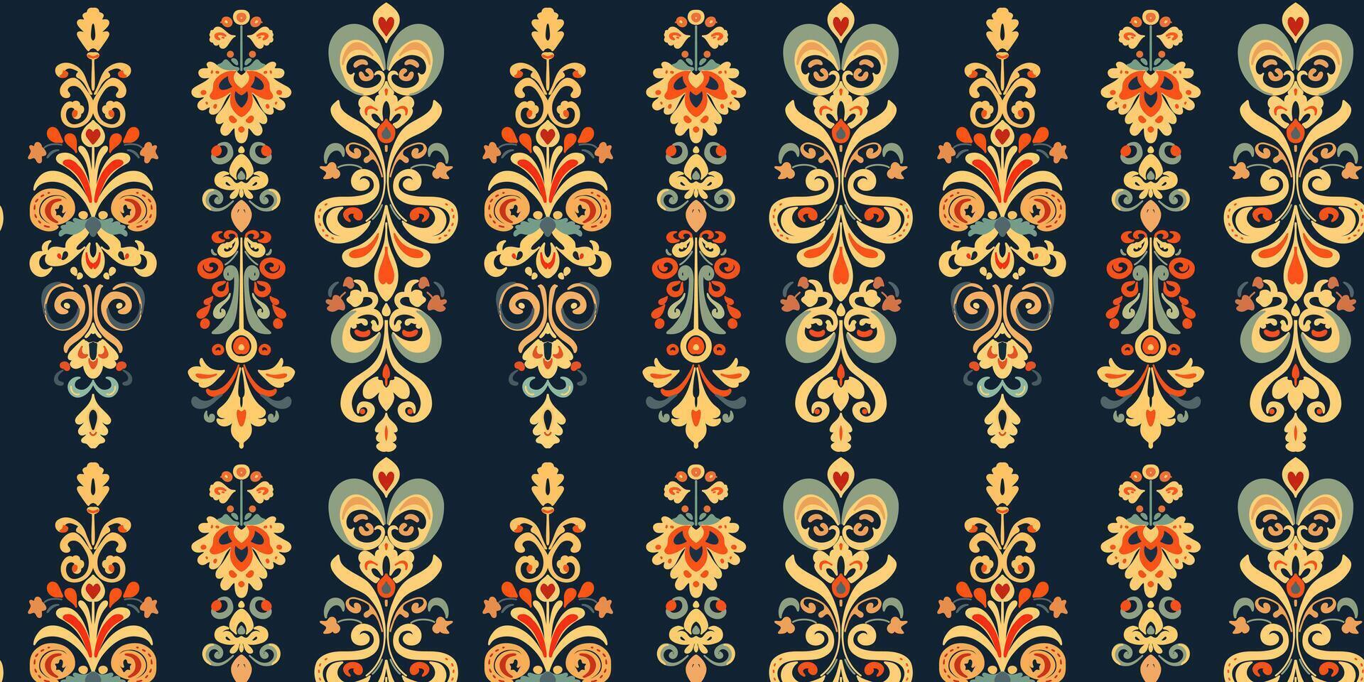 Golden decorative floral texture. Damask organic seamless pattern. print on blue background in retro style. vector