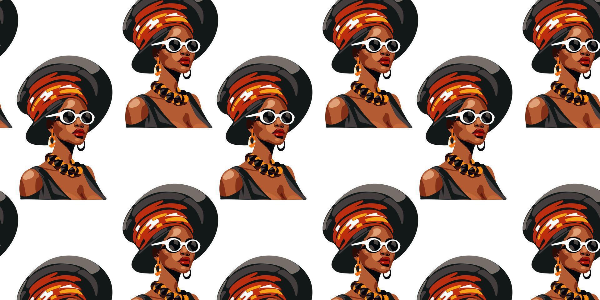 Seamless pattern with elegant extravagant African American woman in hat and sunglasses vector