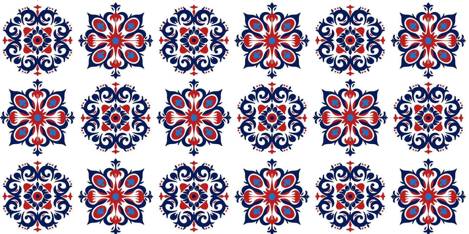 Azulejo tile pattern, Portuguese or Spanish retro mosaic from old tiles, Mediterranean seamless dark blue and red design vector
