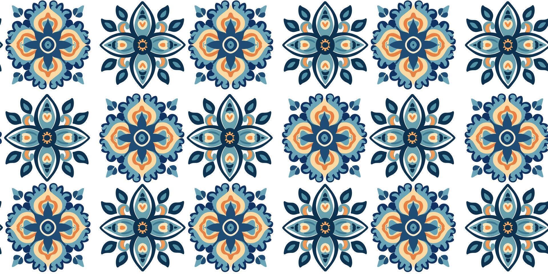 Seamless pattern in blue and beige paint tiles on a white background. Floor tile ornament. vector