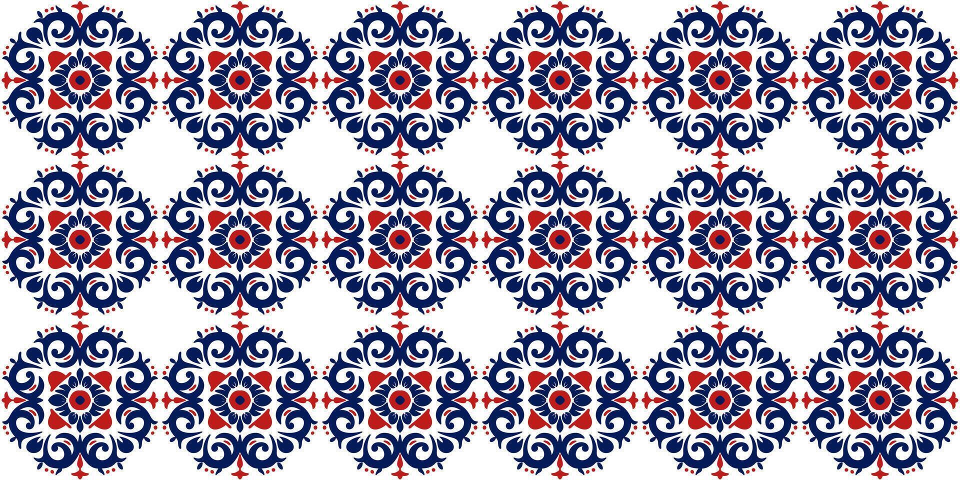 Pattern in red blue color with ceramic tiles in Turkish design. Seamless and colorful Azulejo tiles. Portuguese and Spanish decor. vector