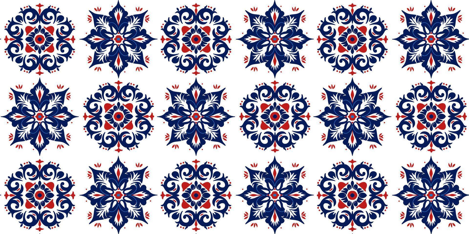 Beautiful Azulejo tile pattern, Portuguese or Spanish retro mosaic from old tiles, Mediterranean seamless navy blue and red design vector