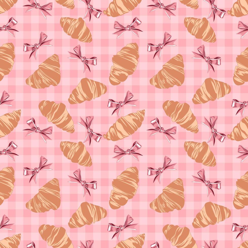 Seamless Pattern of Croissants and Bows on a Pink Checkered Background, Gingham vector