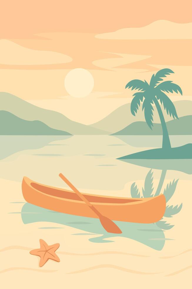Tropical Beach Sunset with Canoe and Palm Tree, Flat Landscape vector