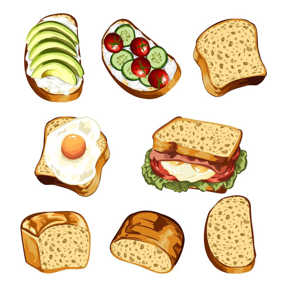 Bread and Sandwich Collection, Hand Drawn Food Illustrations vector