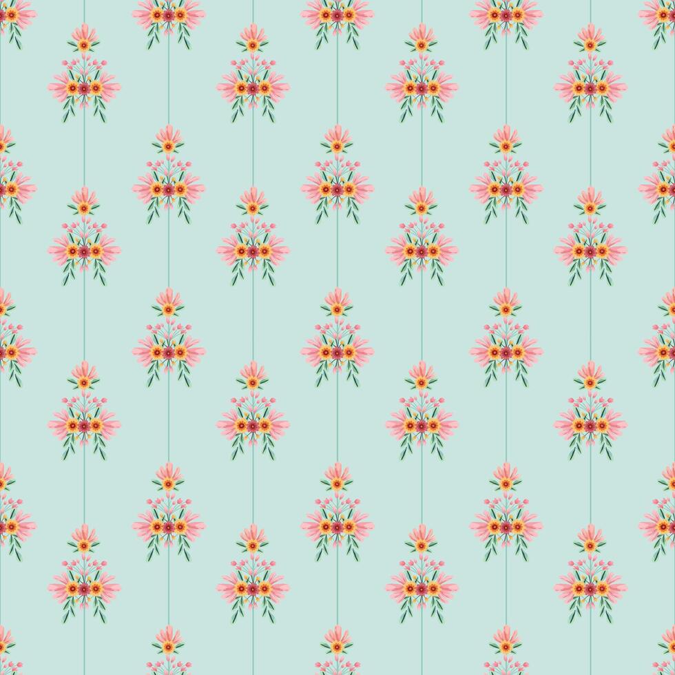 Elegant Vertical Floral Stripe Pattern with Pink and yellow Flowers on light green Background vector