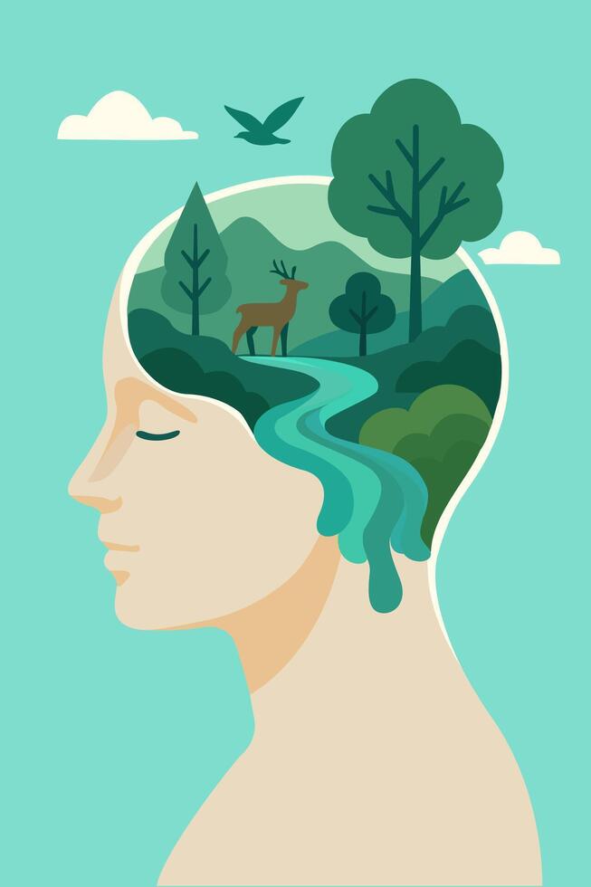 Nature Mind Concept, Eco Consciousness and Inner Peace Illustration vector