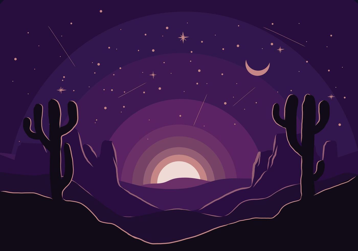 Fantasy desert night sky illustration with moon and stars vector