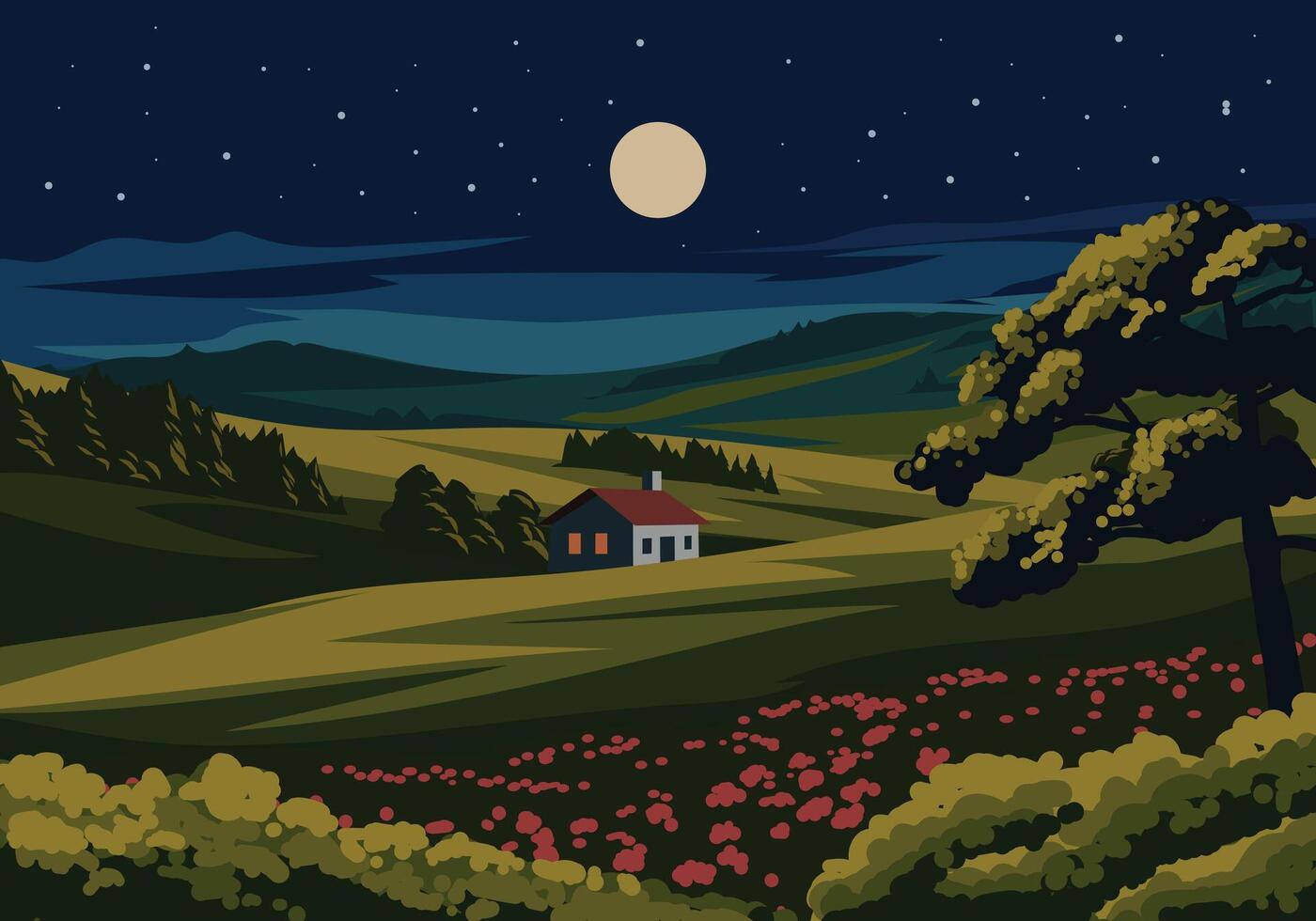 Countryside night time landscape illustration with house, grassland, trees, moon and stars vector