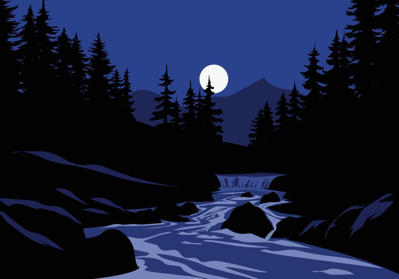 River night scenery illustration with full moon vector