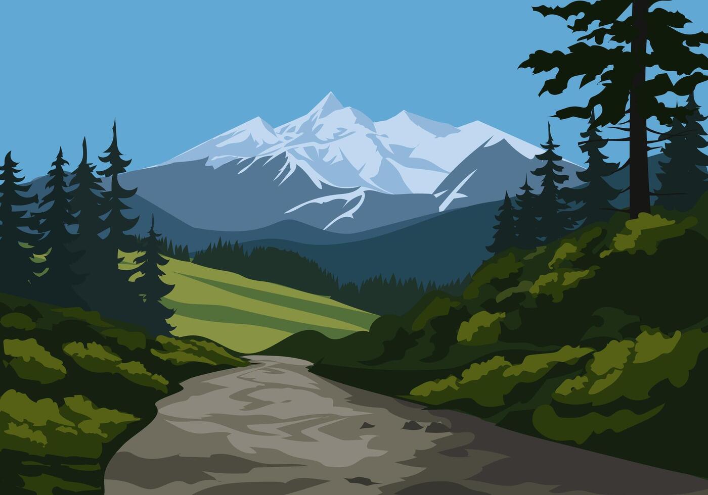 A pathway in pine forest to mountain vector
