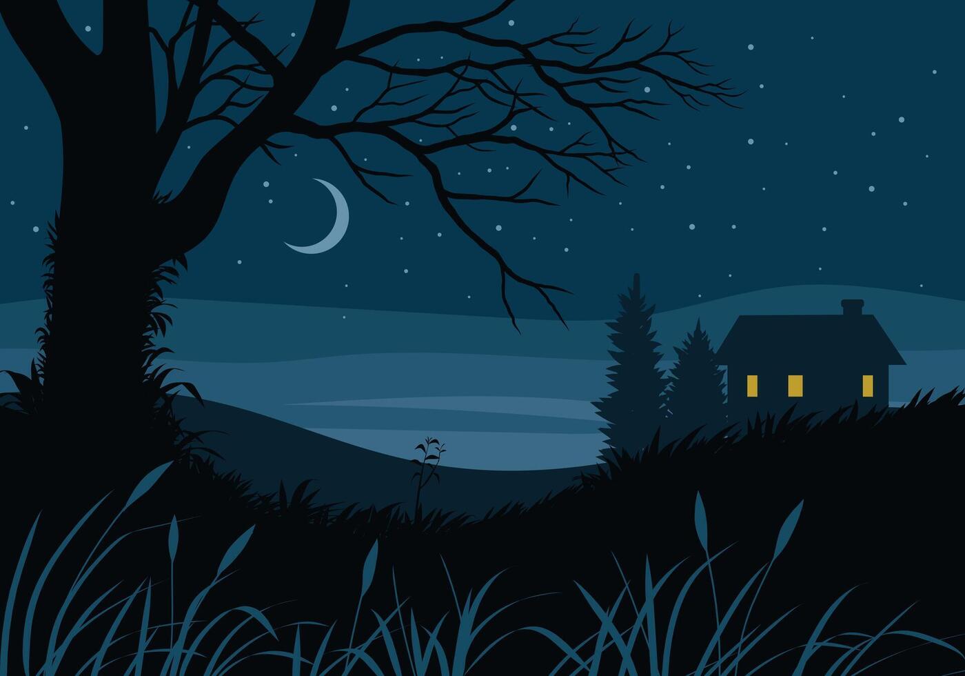 Countryside night time illustration with a house, crescent moon and stars vector