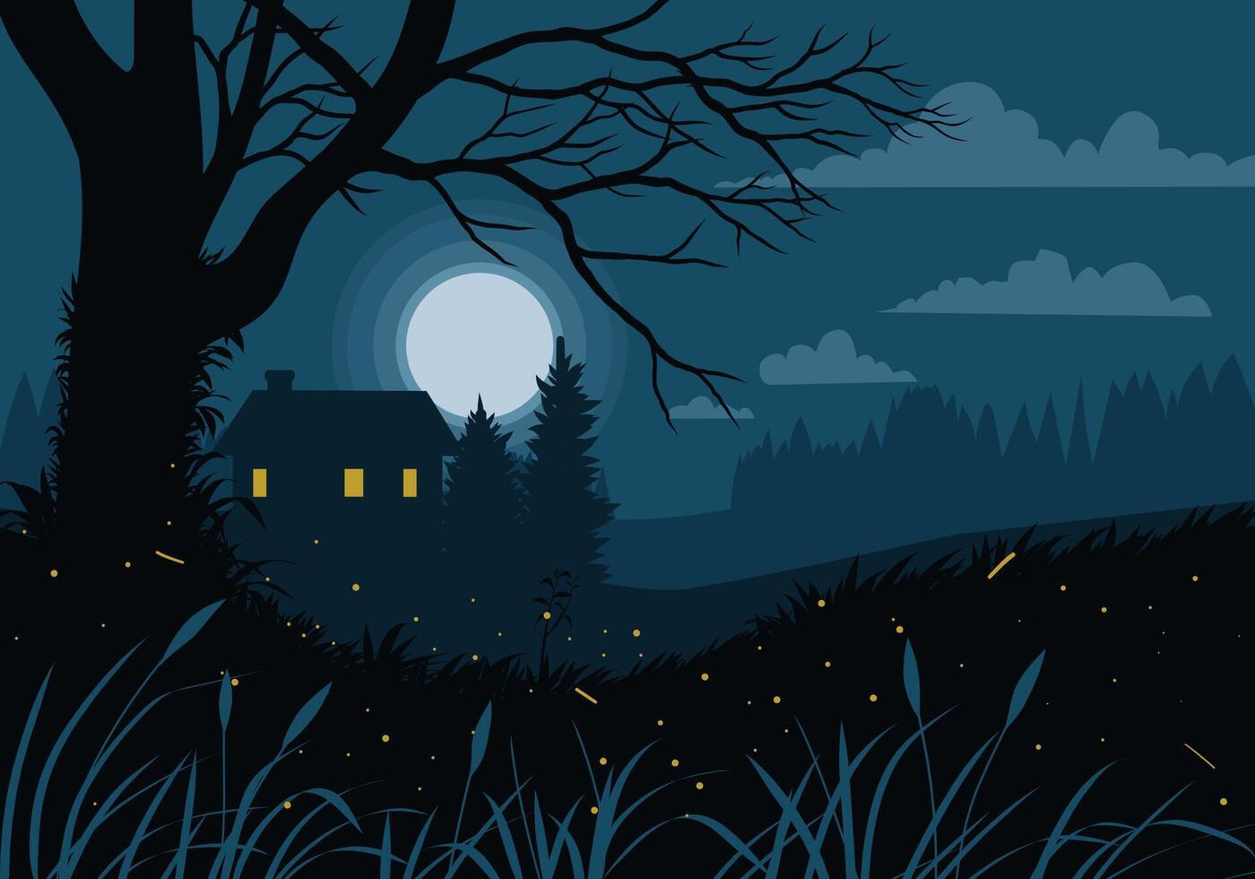 Peaceful countryside night time illustration with a house, trees, firefly and full moon vector