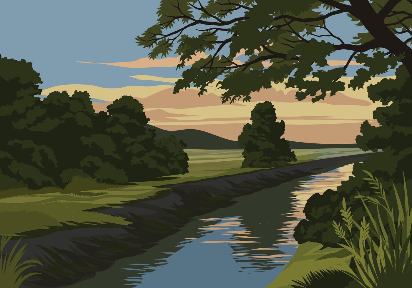 Sunset scenery illustration with river and trees vector