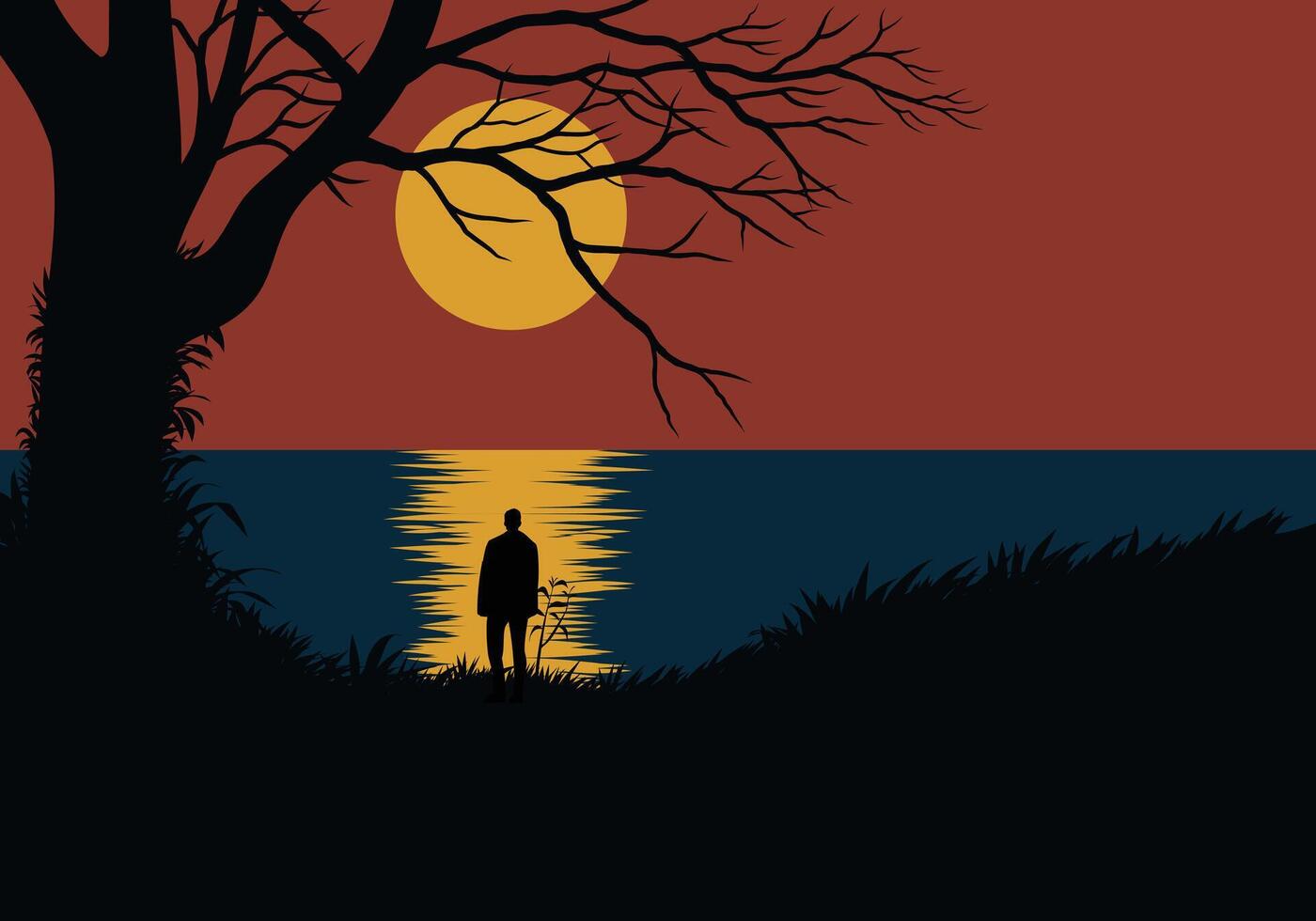 Minimalist sunset landscape illustration with silhouette of a tree and a lonely man looking at the sea vector