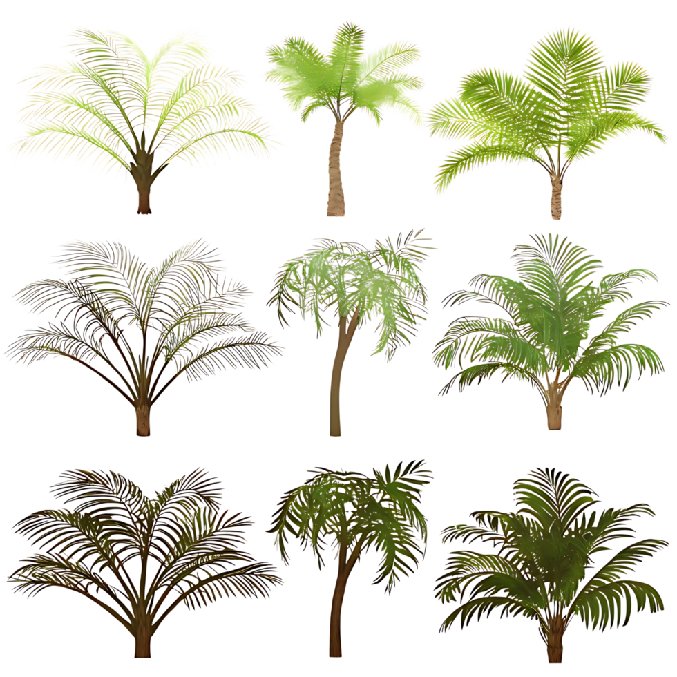 Nine Stylized Palm Trees in Collection on transparent Background png