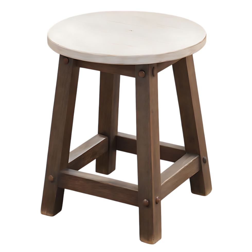 Rustic Wooden Stool with White Round Seat on transparent Background png