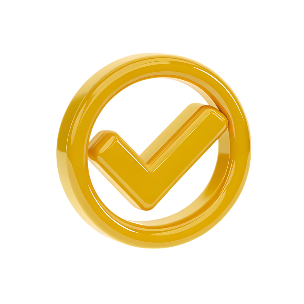 Gold check mark symbol inside circle on transparent background png