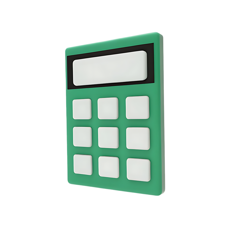 3D render of green calculator for financial concepts on transparent background png