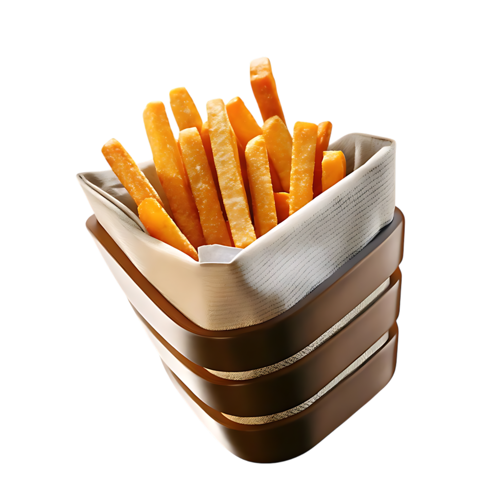 Golden french fries in stylish container on transparent background png