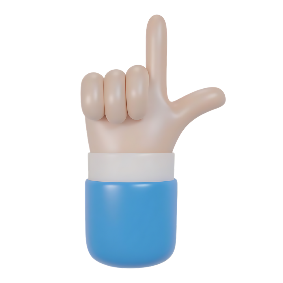 Bluesleeved cartoon hand pointing upward in 3D render on transparent background png