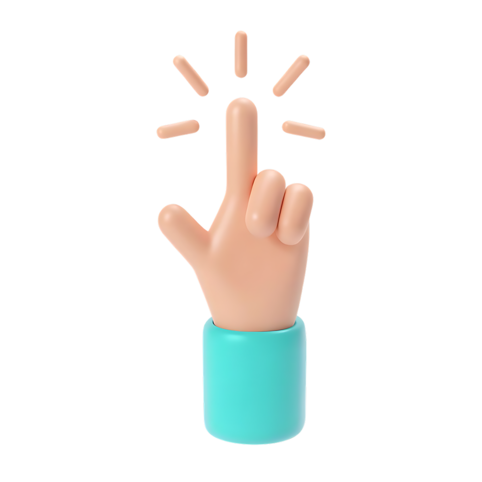 3D hand pointing upward with glowing rays on transparent background png