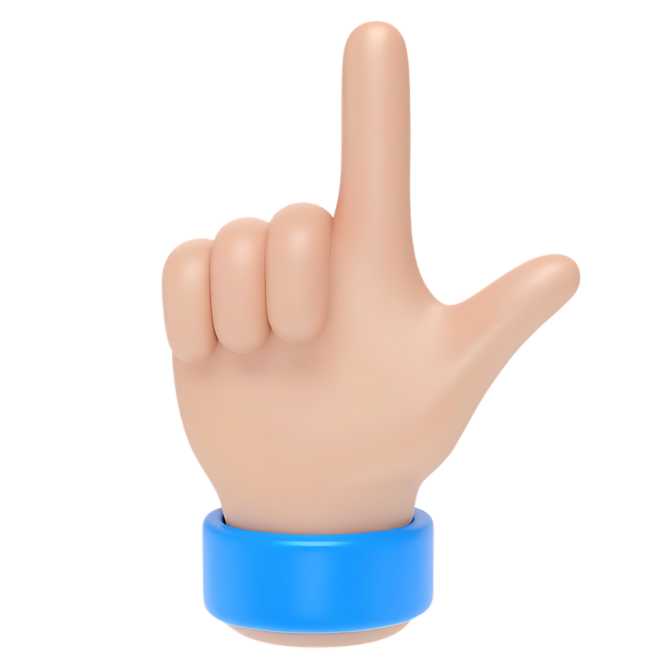 3D cartoon hand pointing up with index and thumb extended png