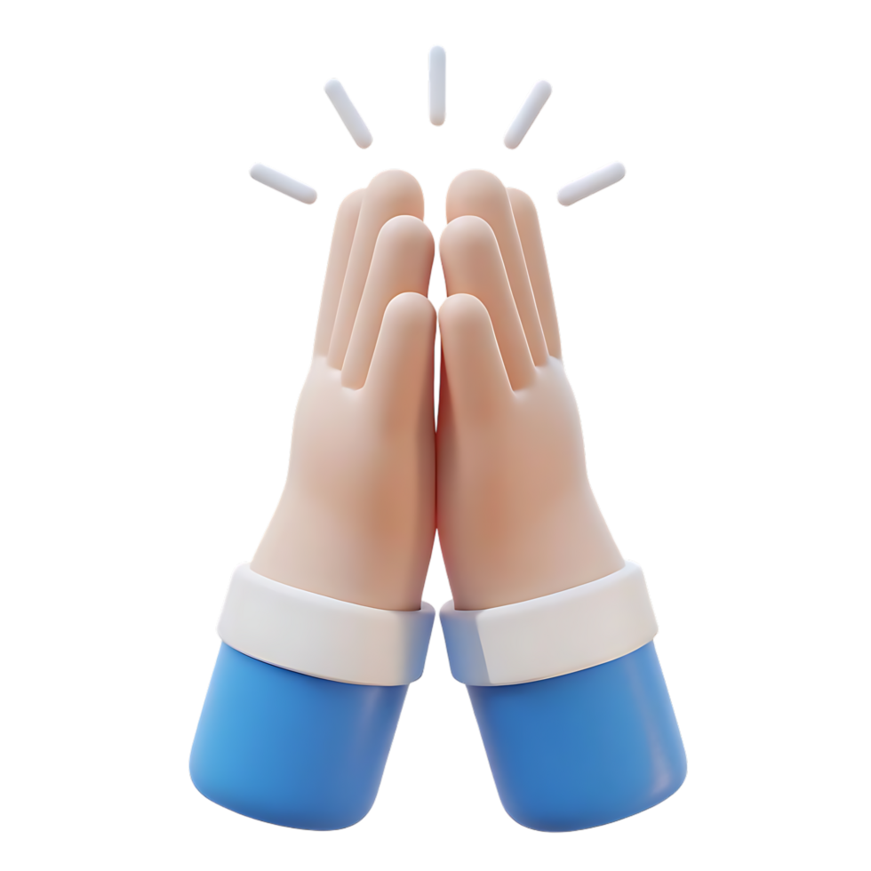 3D cartoon hands clapping or praying with light rays on transparent background png