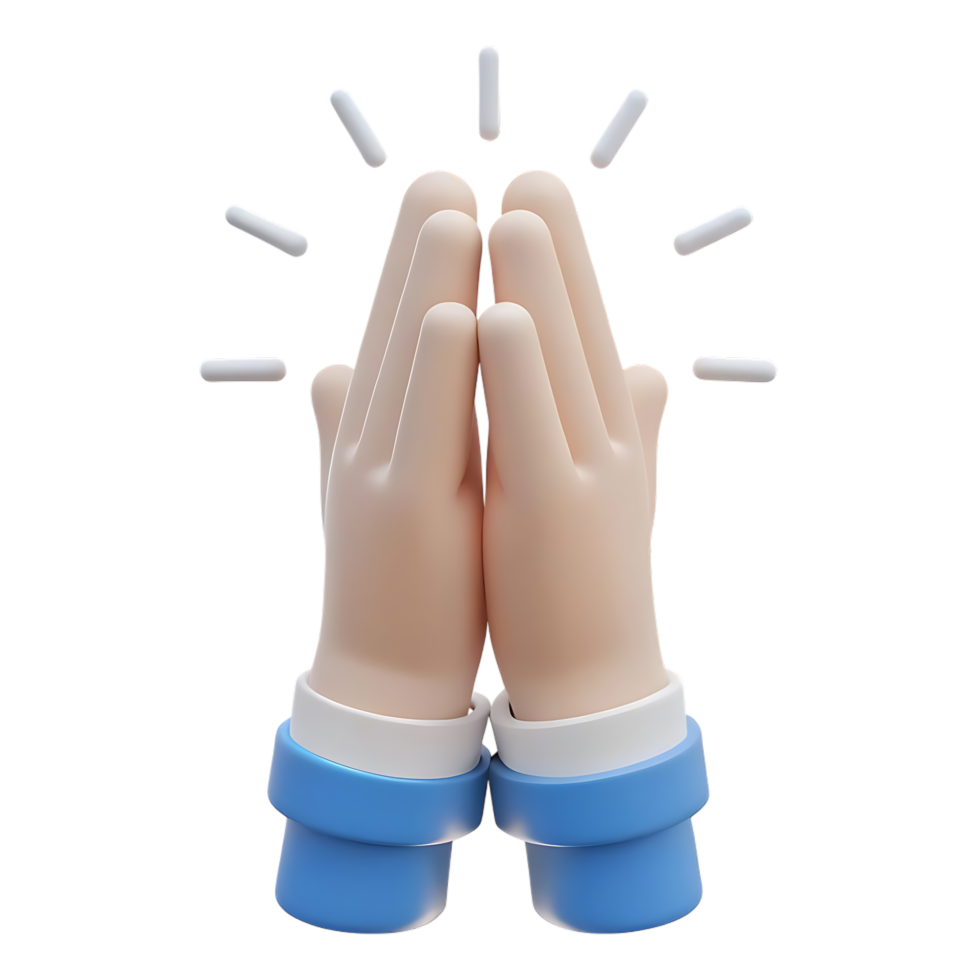 3D praying hands with light rays on transparent background render png