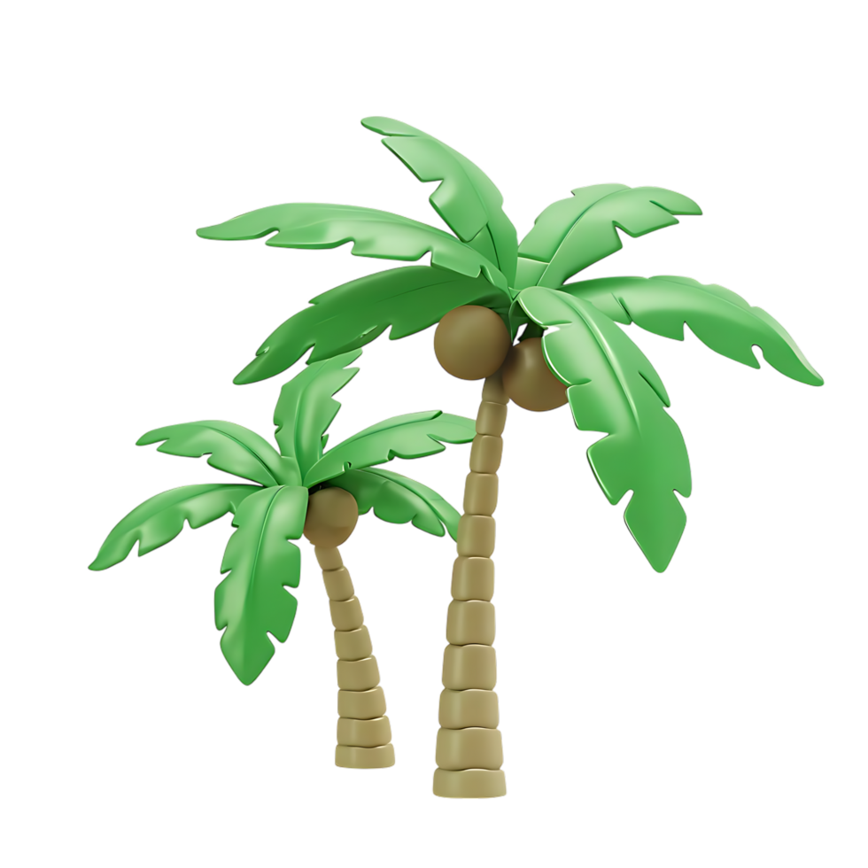 3D render of two palm trees with coconuts on transparent background png