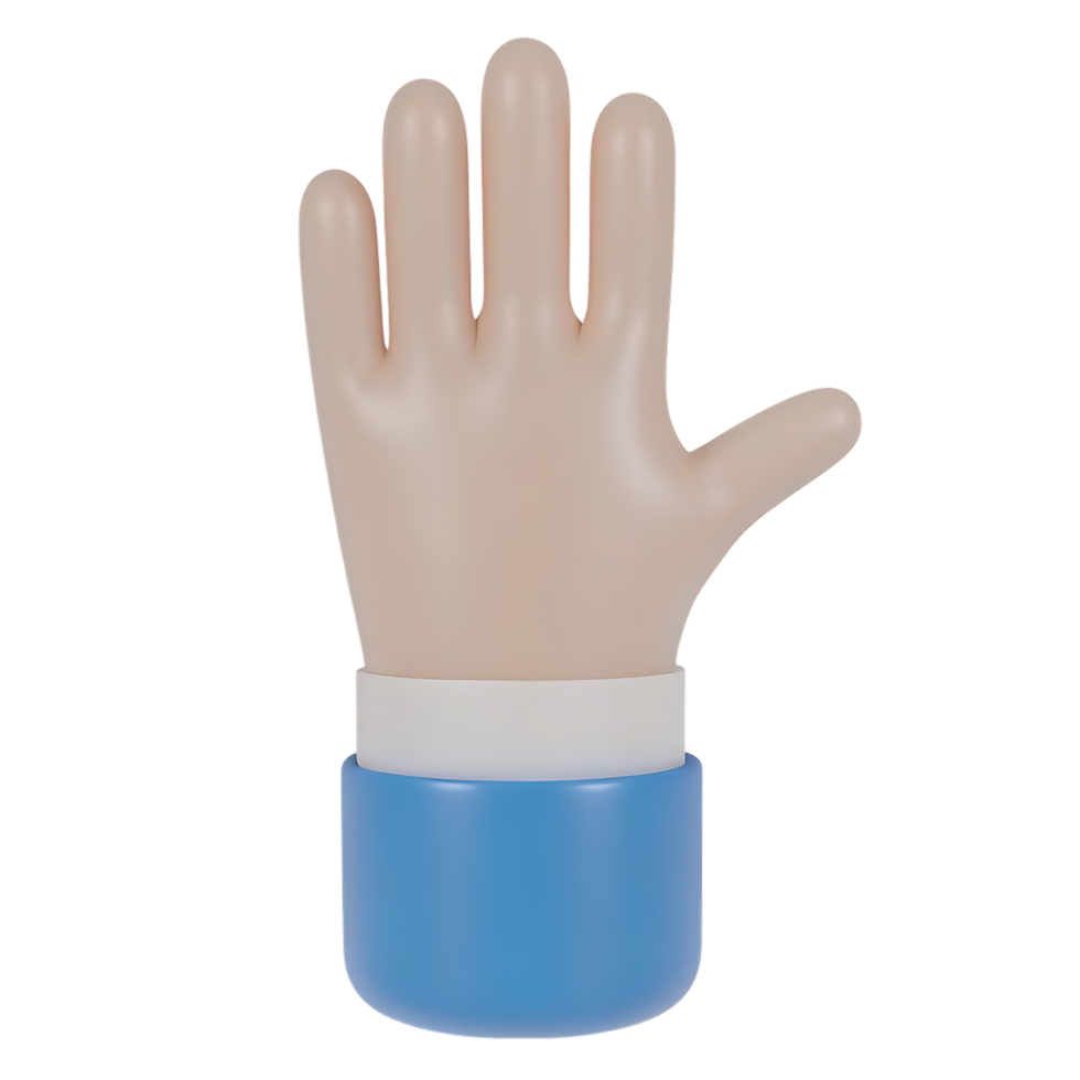 3D cartoon hand in blue sleeve raised in stop gesture on transparent background png