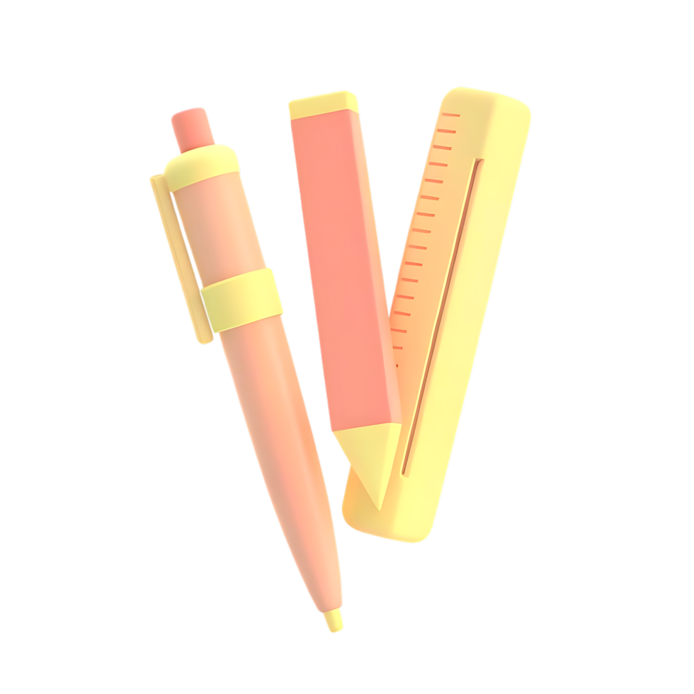 3D render of pen, eraser, and ruler on transparent background png