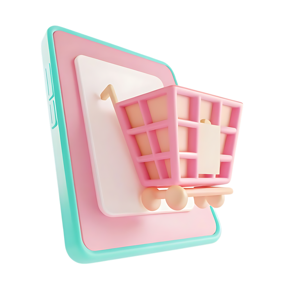 Pink Shopping Cart on Phone Screen for Online Shopping Concept png