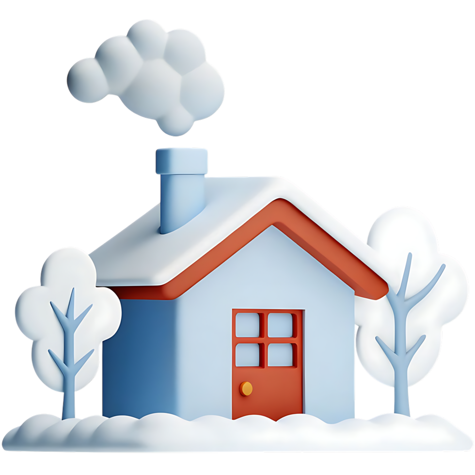 Stylized Winter House with Snow Trees and Clouds png