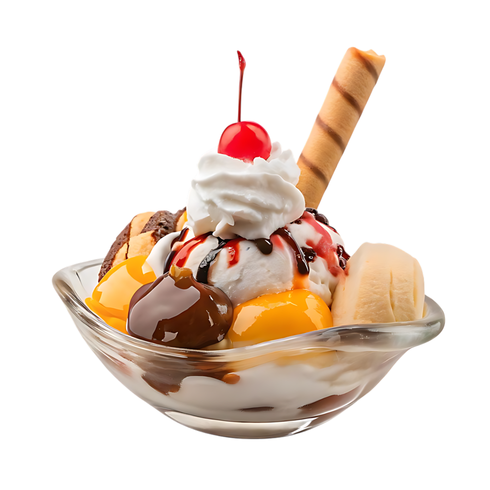 Ice Cream Sundae with Cherry Whipped Cream and Nuts on transparent Background png