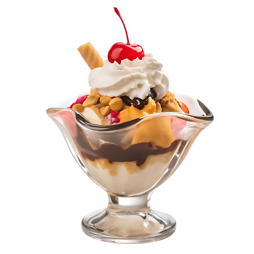 Ice Cream Sundae with Cherry Whipped Cream and Wafer Stick on transparent Background png