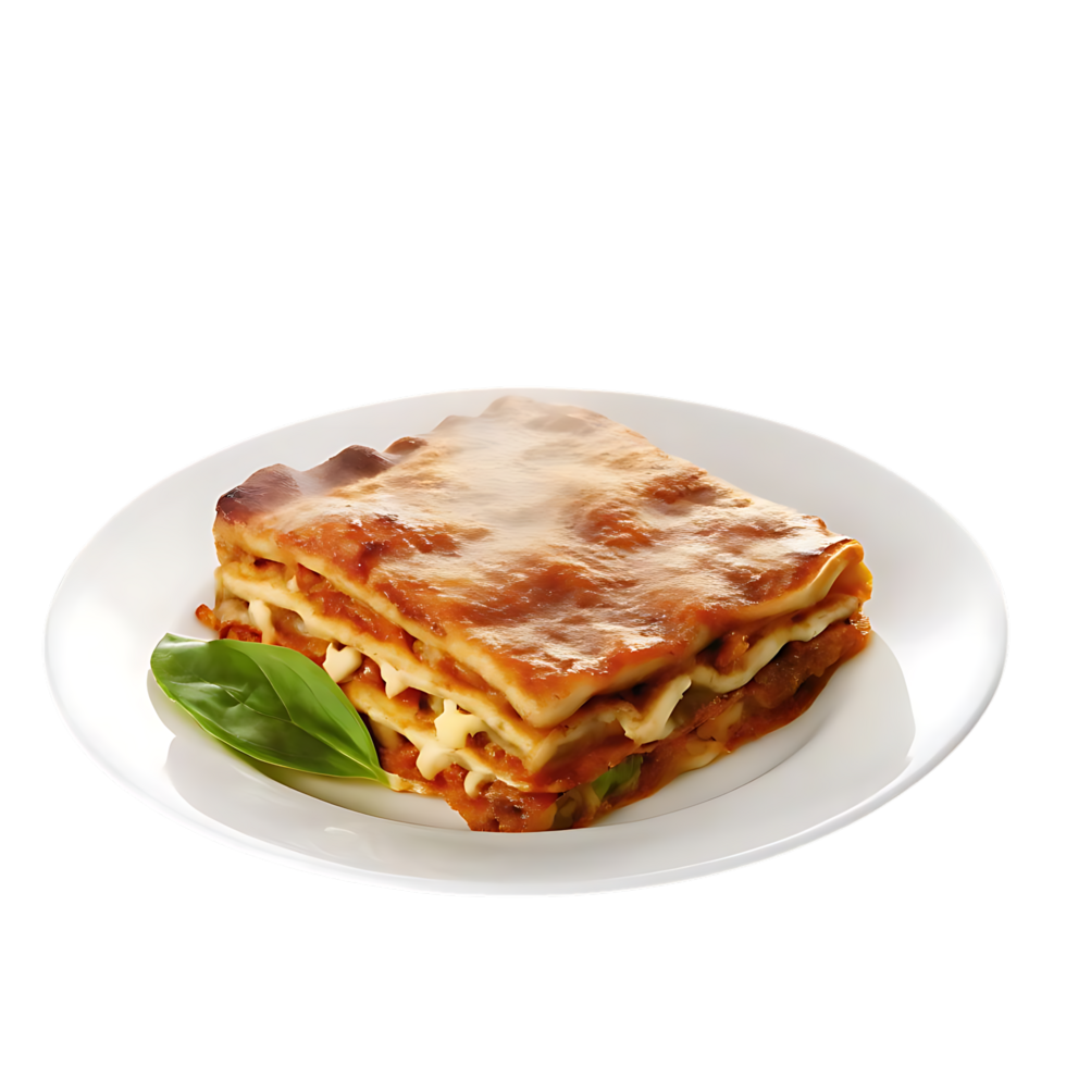 Steaming Lasagna with Basil Leaf on White Plate on transparent Background png